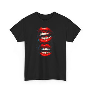 Black t-shirt with graphic of red lips on a white background