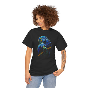 Person wearing a black t-shirt with a parrot design on a white background