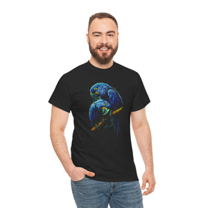 Man wearing a black t-shirt with a parrot design on a white background
