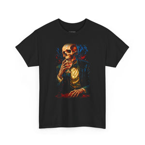 Black t-shirt with a graphic of a skeleton smoking a cigarette on a white background