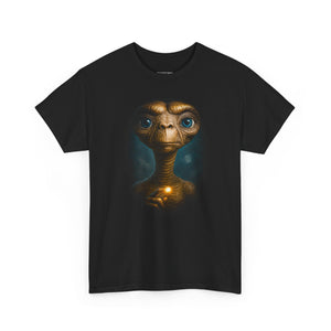Black t-shirt with a graphic of an alien holding a light bulb on a white background
