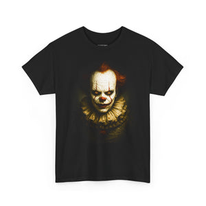 Black t-shirt with a clown graphic on a white background