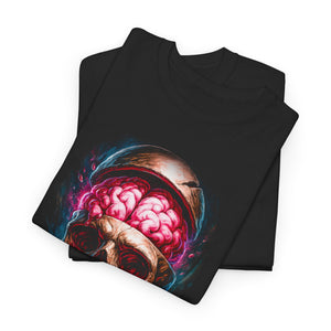 Black t-shirt with a graphic design of a helmet and brain on a white background