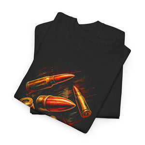 Black t-shirt with bullet design on a white background