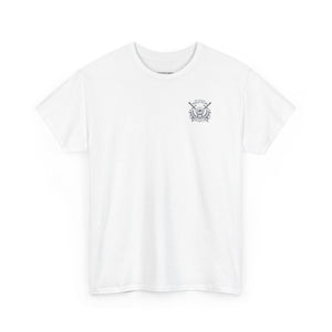 White t-shirt with a small logo on a white background