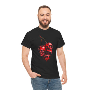 Man wearing a black t-shirt with red cherry and skeleton design on a white background