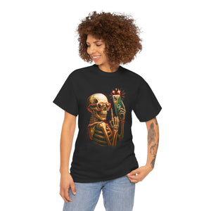Person wearing a black t-shirt with a skeleton design on a white background