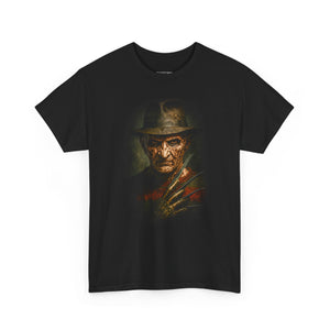 Black t-shirt with a graphic of a character wearing a hat and holding a glove on a white background