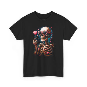 Black t-shirt with a skeleton design holding heart-shaped glasses and hearts on a white background