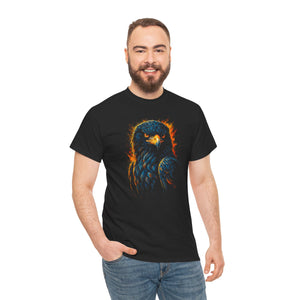 Man wearing a black t-shirt with an eagle design on a white background