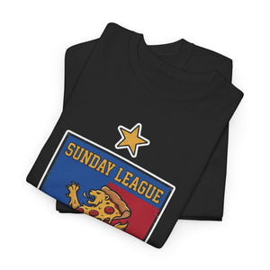 Black t-shirt with 'Sunday League' graphic design featuring a star and pizza slice on a white background