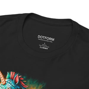 Black t-shirt with colorful dragon design and 'DOTFORM' branding on a white background