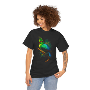 Person wearing a black t-shirt with a colorful bird design on a white background