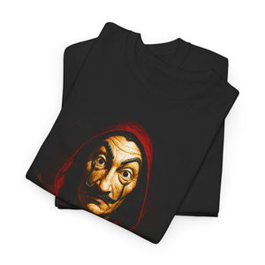 Black t-shirt with a graphic design of a face on a white background