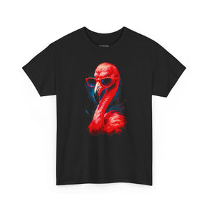 Black t-shirt with a red and blue flamingo graphic on a white background