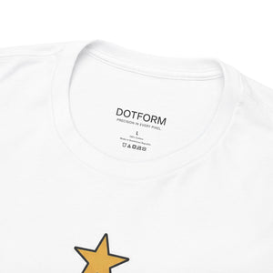 White t-shirt with 'DOTFORM' branding and a yellow star design on a white background