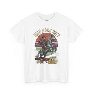 White t-shirt with a graphic of a cowboy on a horse and 'High Noon 2017' text.