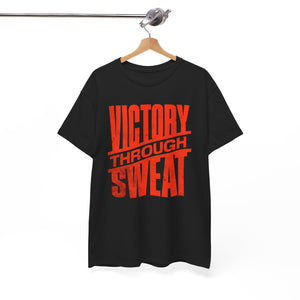 Black t-shirt with red 'Victory Through Sweat' text on a hanger against a white background