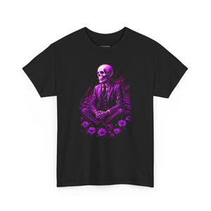Black t-shirt with a purple skeleton design on a white background