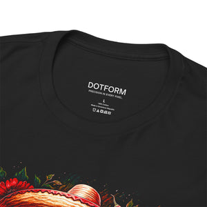 Black t-shirt with 'DOTFORM' branding on the collar and colorful design below.