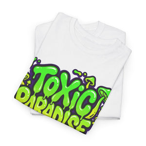 White t-shirt with 'Toxic Paradise' graphic design on a white background
