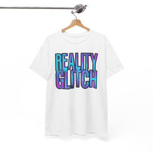 White t-shirt with 'Reality Glitch' text on a hanger against a white background