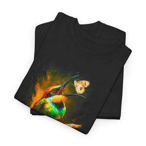Black t-shirt with a colorful bird and butterfly design on a white background