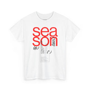 White t-shirt with red and black text on a white background
