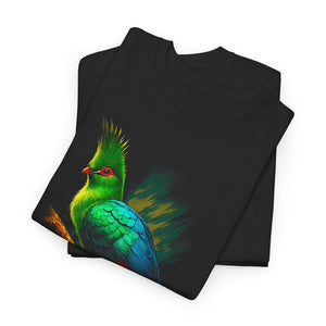 Black t-shirt with a colorful bird design on a white background