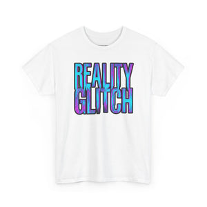 White t-shirt with 'REALITY GLITCH' text in gradient colors on a white background