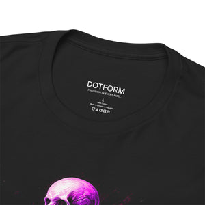 Black t-shirt with a pink skull design and 'DOTFORM' branding on a white background