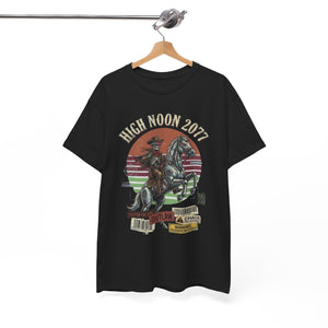 Black t-shirt with a graphic design of a cowboy on a horse and text 'High Noon 2077' on a hanger against a white background.