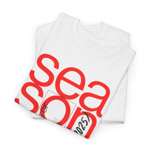 White t-shirt with red text on a white background