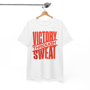 White t-shirt with red text 'VICTORY THROUGH SWEAT' on a hanger against a white background