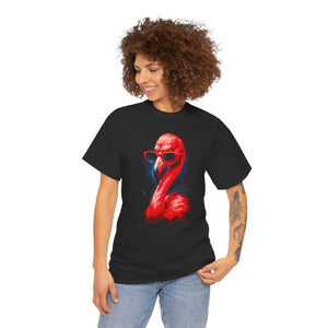 Person wearing a black t-shirt with a red flamingo graphic on a white background
