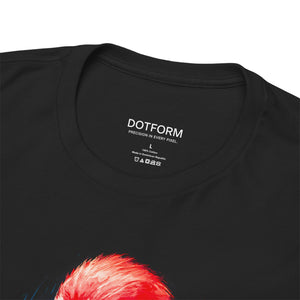 Black t-shirt with red and blue design on a white background