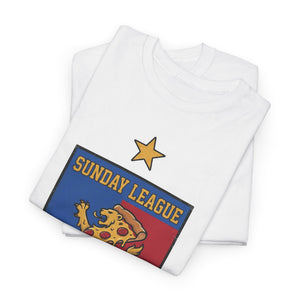 White t-shirt with 'Sunday League' graphic design featuring a star and pizza-themed logo on a white background.