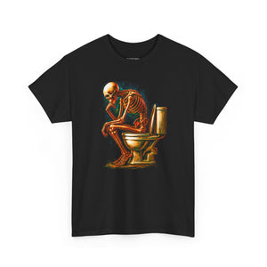 Black t-shirt with a skeleton sitting on a toilet graphic design.