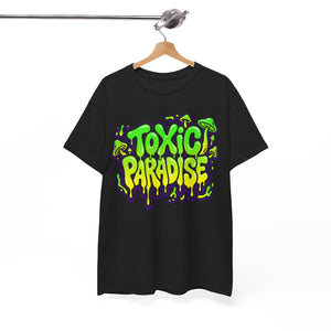 Black t-shirt with 'Toxic Paradise' graphic on a hanger against a white background