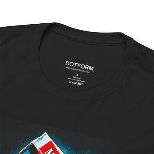 Black t-shirt with a graphic design and 'DOTFORM' branding on the collar.