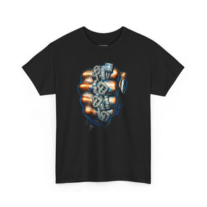 Black t-shirt with a graphic design of a grenade on a white background