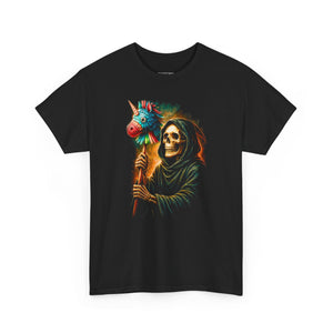 Black t-shirt with a colorful graphic of a skeleton holding a unicorn and a flower on a white background