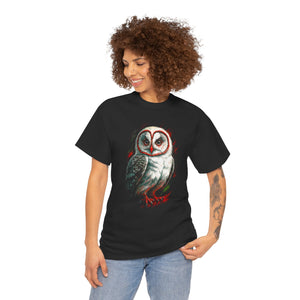 Woman wearing a black t-shirt with an owl design on a white background