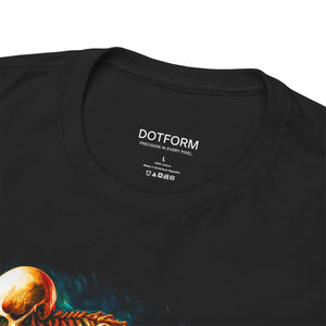 Black t-shirt with a label and a colorful design on a white background