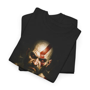 Black t-shirt with a graphic design of a character's face on a white background