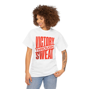 Woman wearing a white t-shirt with 'Victory Through Sweat' in red text on a white background