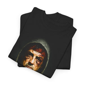 Black t-shirt with a graphic of a face on a white background