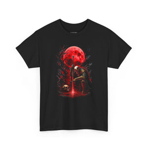 Black t-shirt with a graphic design of a skeleton and red moon on a white background