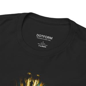Black t-shirt with gold graphic design and 'DOTFORM' branding on a white background