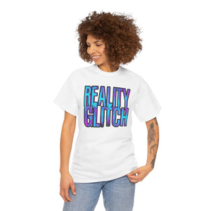Person wearing a white t-shirt with 'Reality Glitch' text on a white background